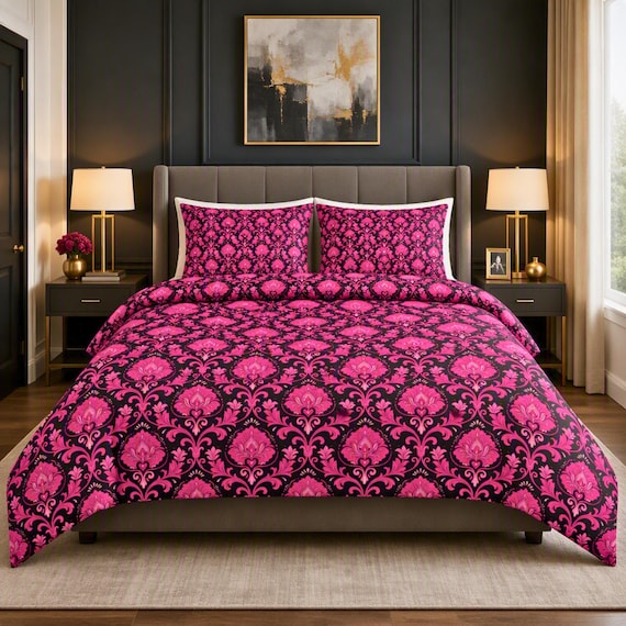 Pink Damask Bedding Set, 100% Cotton Baroque Duvet Cover | Twin–Queen