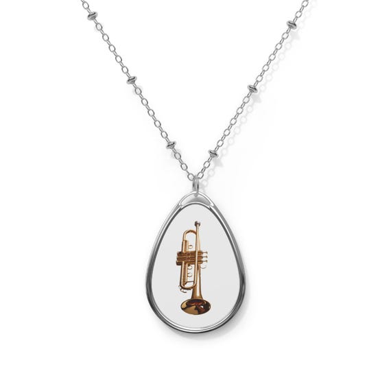 Gold Trumpet Oval Pendant Necklace, Music Lover Gift