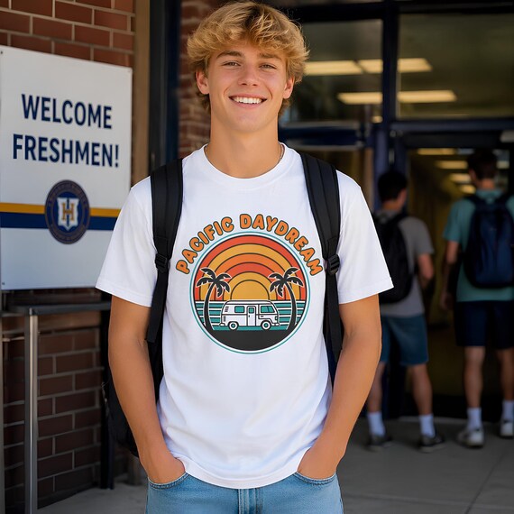Retro Surf Tee with Pacific Daydream Sunset Graphic | 70s Camper Design