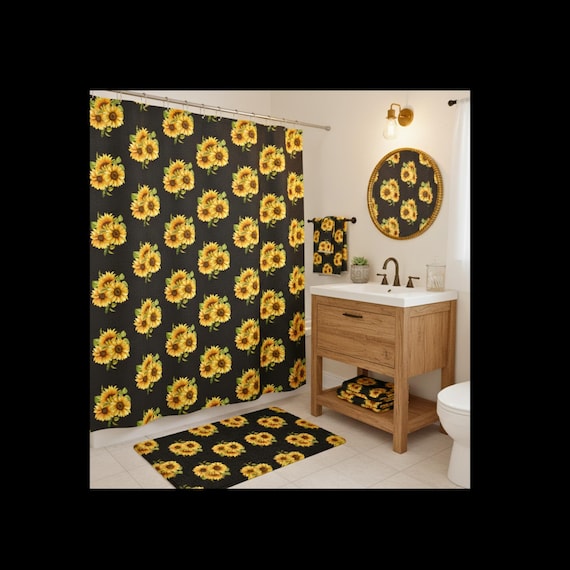 Sunflower Pattern Shower Curtain | Yellow Florals on Black