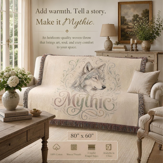 Woven Blanket With Wolf Motif, 100% Cotton And Fringed Edges