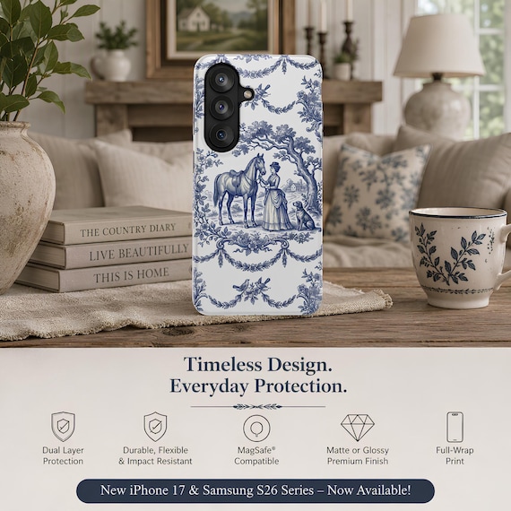 Phone Case, Blue Toile Horse Scene | MagSafe Compatible, Dual-Layer Protection