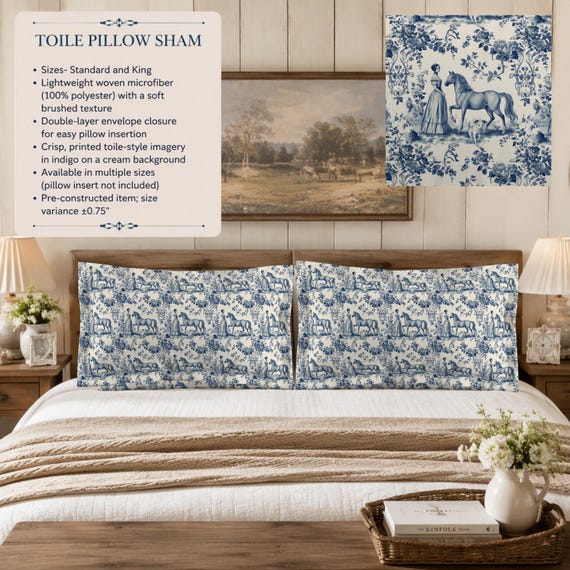 Blue Toile Pillow Sham, Brushed Microfiber, Standard And King Sizes