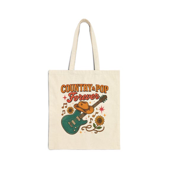 Country Pop Forever Retro Guitar & Sunflower Tote Bag | Canvas Grocery