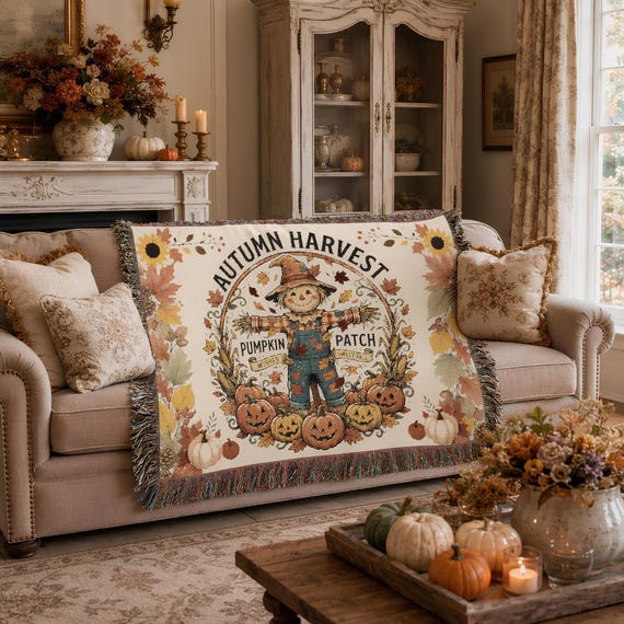 Woven Blanket, 100% Cotton Autumn Harvest Throw with Fringed Edges