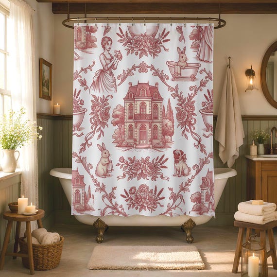 Toile Shower Curtain with Bunny Bathtub Design, Vintage Pink Pattern