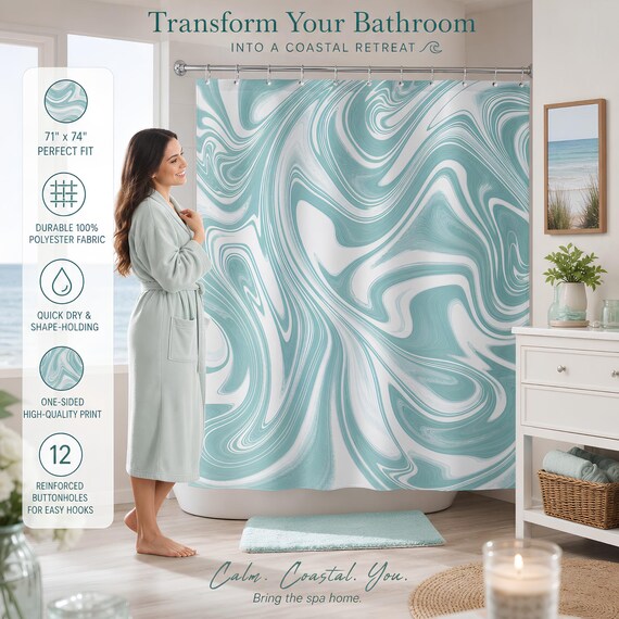 Teal Wave Ocean Shower Curtain 71x74, Water-Resistant Polyester | Bathroom Decor