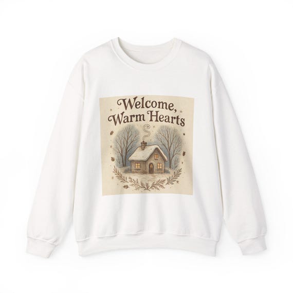 Welcome Warm Hearts cabin illustration Sweatshirt | cozy winter cottage design