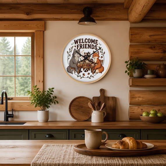 Woodland Clock with Fox, Wolf, and Raccoon | Autumn Animal Tea Party Decor