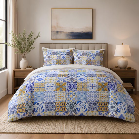 Bed Set Cotton, Blue Yellow Patchwork Duvet With Tile Motifs, Twin XL Or Queen