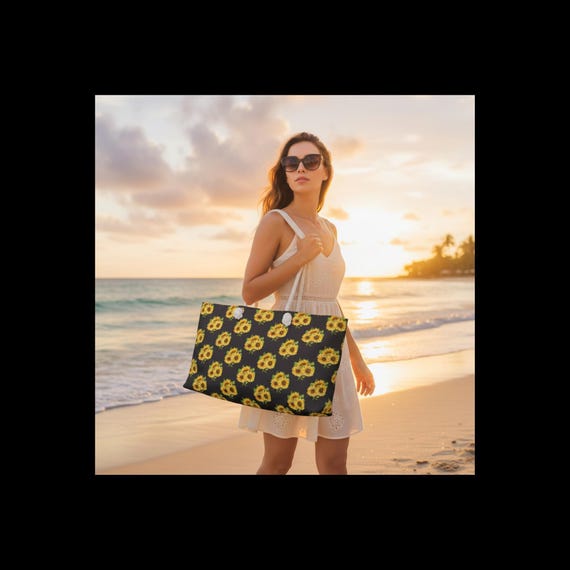 Weekender Bag with Sunflower Print, 100% Spun Polyester, 27-Inch Cotton Rope Handles