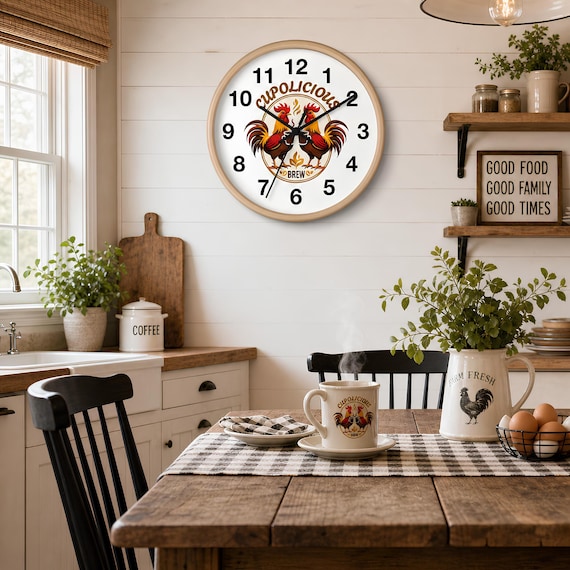 Farmhouse Kitchen Rooster Wall Clock | Coffee Brew Country Decor