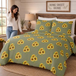 Sonnenblumenstrauß Baumwolle Bettwäsche Set | Grünes Cottagecore Bauernhaus