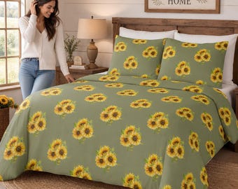 Juego de cama de algodón con diseño de ramo de girasoles / Estilo rústico campestre en verde salvia