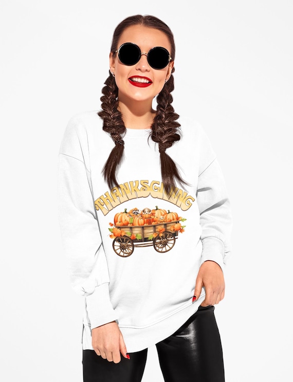 Thanksgiving Pumpkin Wagon Sweatshirt, Puppies and Raccoon, Fall Harvest