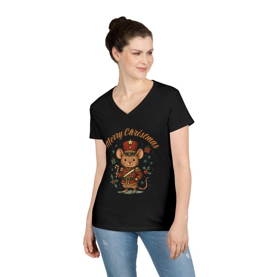 Merry Christmas Nutcracker Mouse Ladies V-Neck Tee | Holiday Nutcracker Shirt