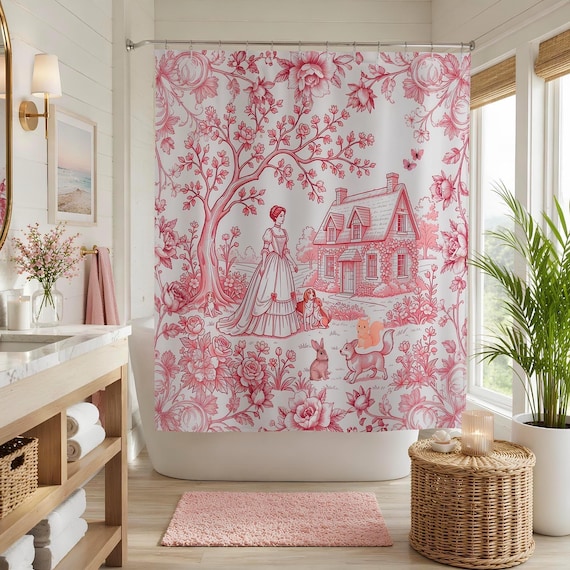 Pink Toile Curtain with Cottage Scene, Vintage Floral Bathroom Decor