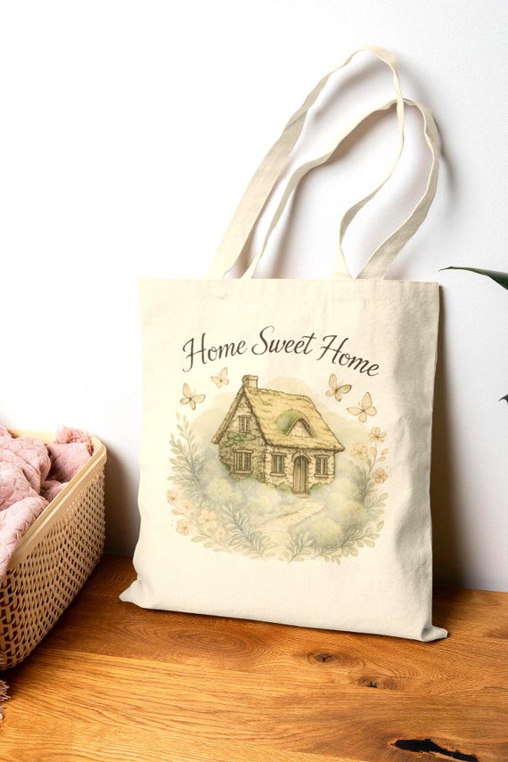 Home Sweet Home cottage illustration Tote Bag | vintage farmhouse, neutral canvas