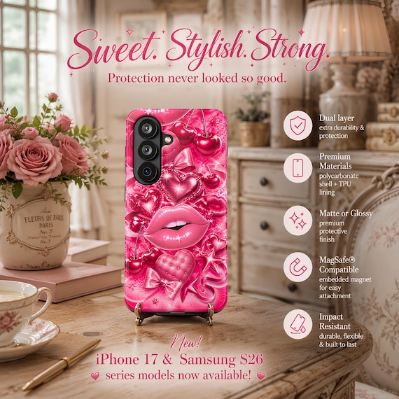 Magnetic Case, Pink Lip And Heart Print | MagSafe Compatible Phone Accessory