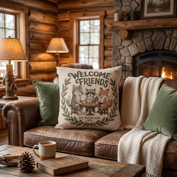Woven Pillow with Woodland Animals, 17×18 Inch Cotton Blend Cushion