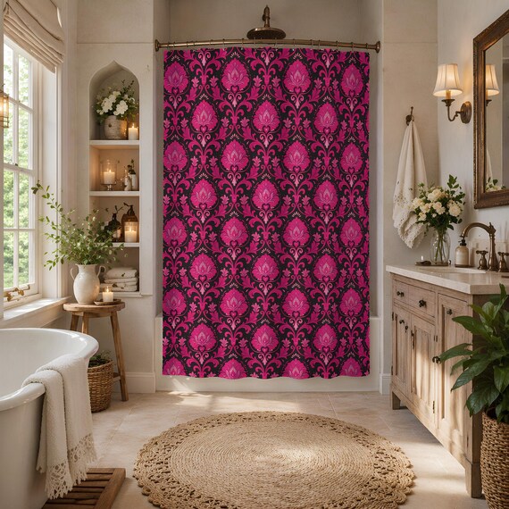 Pink Shower Curtain with Damask Pattern | Vintage Floral Design
