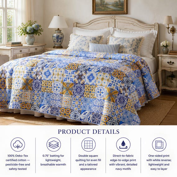 Cotton Comforter, Blue Yellow Tile Print with 0.75-Inch Batting