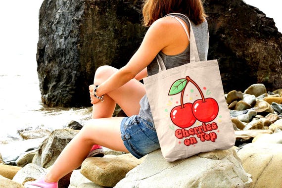 Retro Cherry Canvas Tote Bag | Kawaii Fruit Illustration