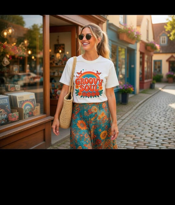 Retro Floral Tee Shirt-Groovy Soul 70's Vibe, Rainbow, Butterflies