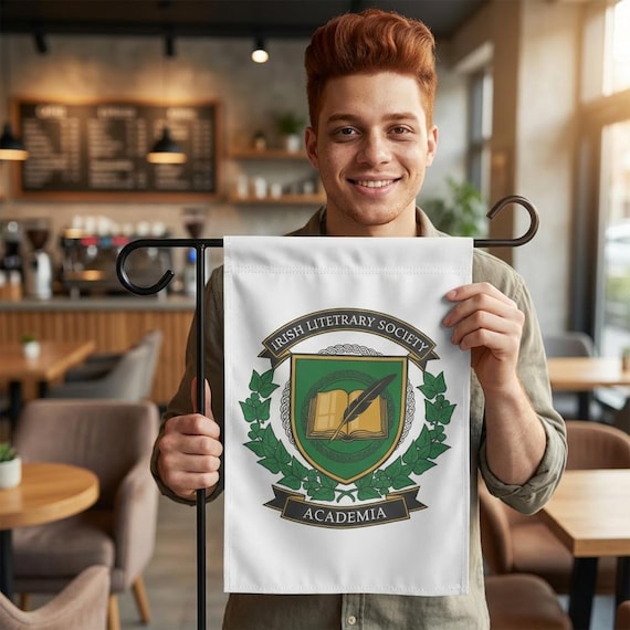 Irish Literary Society Academia Crest Garden Flag | House Banner, Ivy & Book Emblem