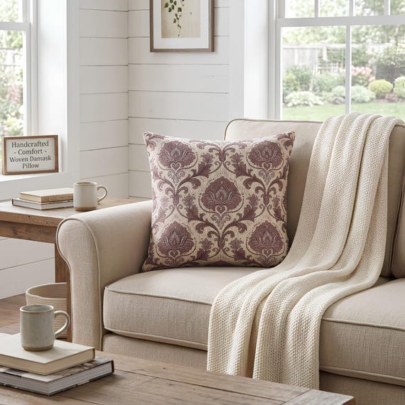 Woven Damask Pillow, 58% Cotton Cover, 17" × 18" Floral Scroll Cushion