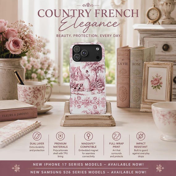 Phone Case, Magnetic Impact-Resistant Rose Toile Design with MagSafe Compatibility