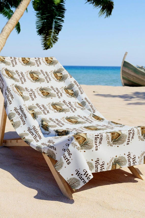 Welcome Warm Hearts vintage seashell pattern Beach Towel | coastal farmhouse beach towel