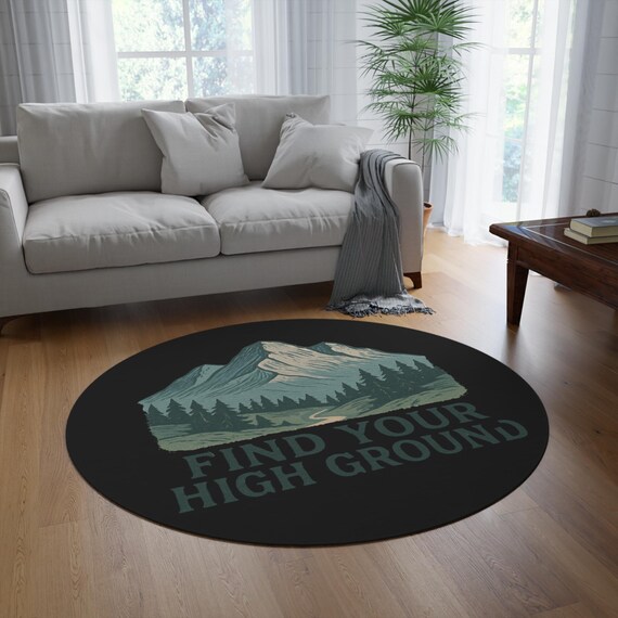 Find Your High Ground Round Rug | Mountain Forest Path Illustration