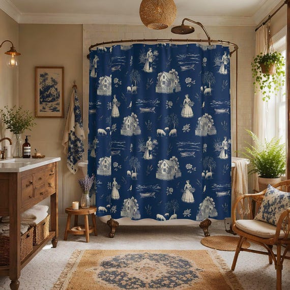 Vintage Toile Shower Curtain, Soft Blue Farmhouse Design 71" x 74"