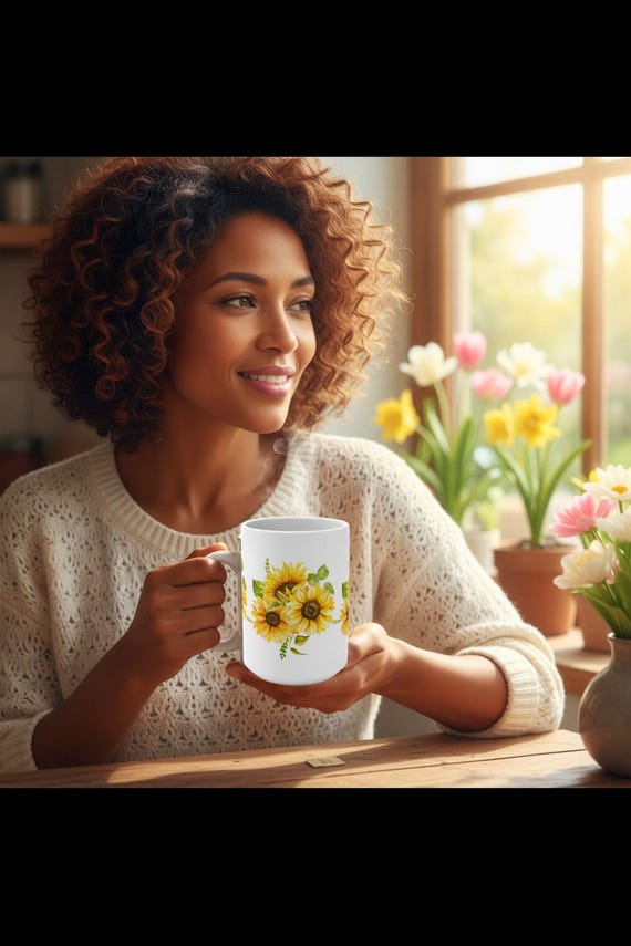 Cheerful 15-ounce ceramic mug  with  Yellow Flowers– Spring Morning Drinkware