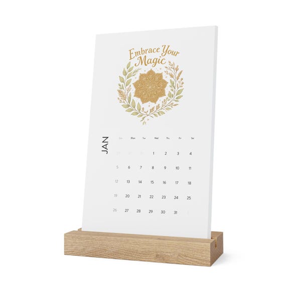 2026 Vertical Desk Calendar -Embrace Your Magic  Mandala Floral Design (Solid Oak Wood Stand)