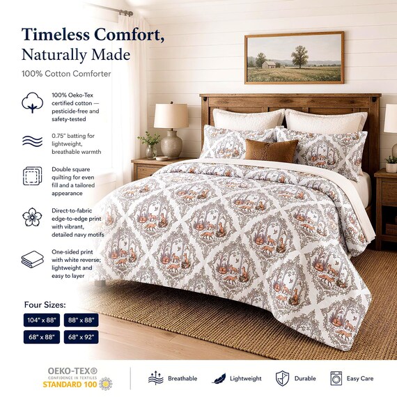 Toile Comforter, 100% Cotton Quilted Vintage Bedding With Earth Tones