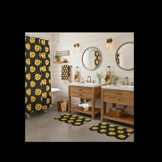 Sunflower Bouquet Bath Mat | Black Floral Pattern