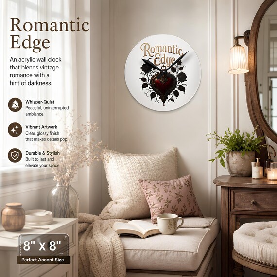 Goth Wall Clock - Dark Heart Crest -Acrylic | Romantic Edge Floral