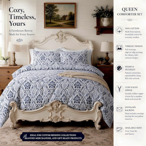 Damask Bedding, Blue 100% Cotton Duvet Set with Envelope-Back Shams