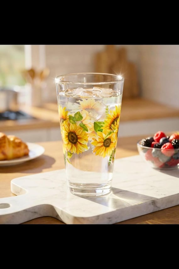 Mixing Glass with Sunflower Design, 16 Oz Floral Pint Drinkware