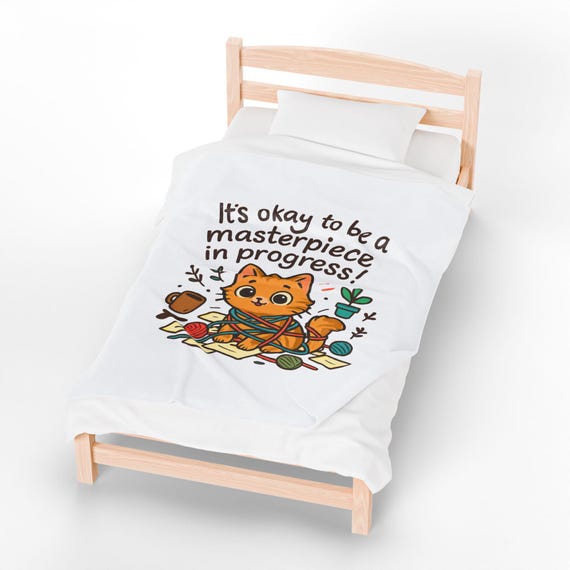 Cat Velveteen Blanket | Playful Kitten Yarn Illustration