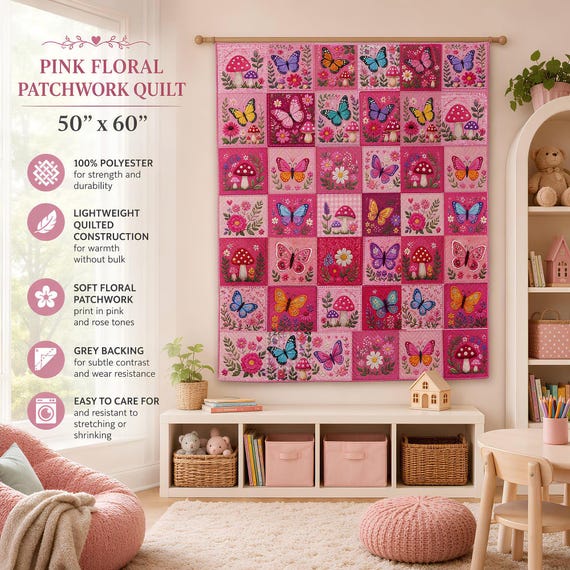 Quilted Throw, Pink Floral Butterfly Patchwork, 100% Polyester 50 x 60 in