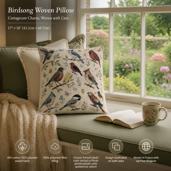 Woven Pillow, Vintage Bird Print, 17 × 18 Inch Cotton-Blend Cover