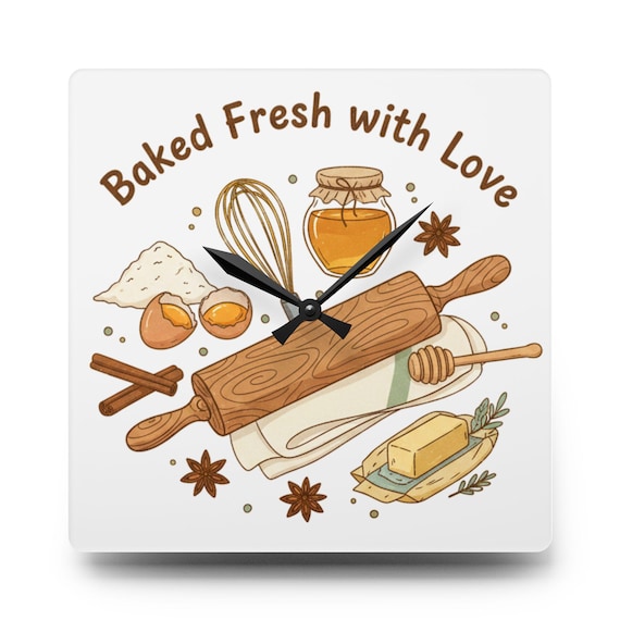 Baked Fresh with Love Acrylic Wall Clock | Kitchen Baking Decor