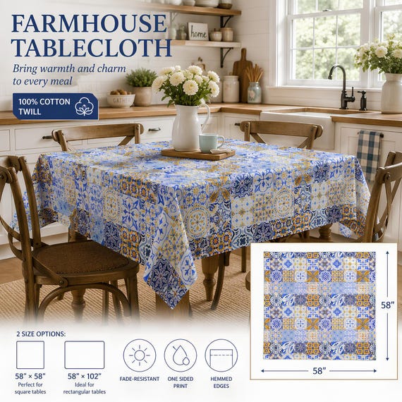 Blue Yellow Tile Tablecloth, 100% Cotton Twill | Two Sizes