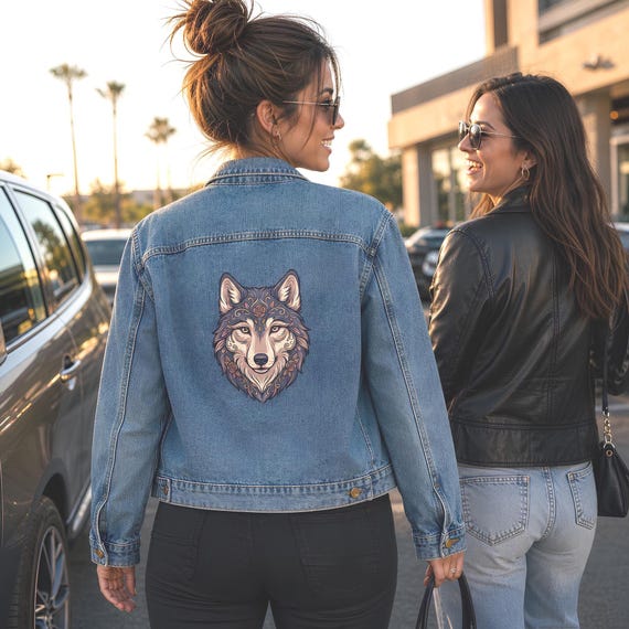 Vintage Denim Jacket for Her, Wolf Head Graphic, Relaxed Fit