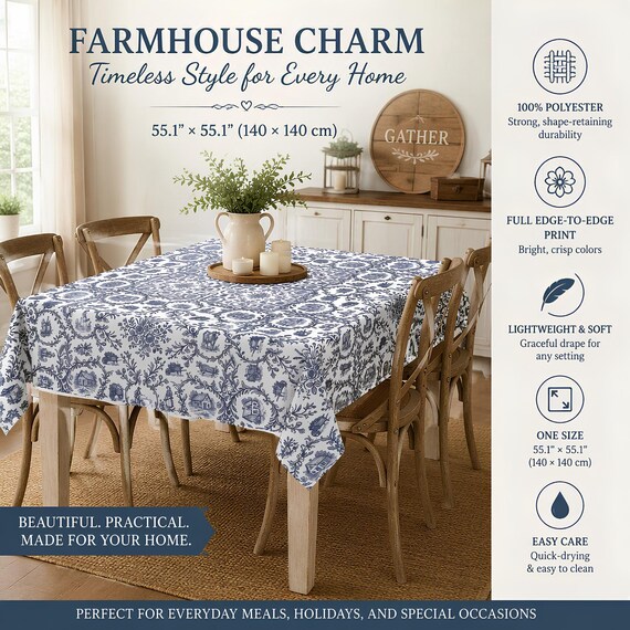 Vintage Table Top Blue Damask Tablecloth, 100% Polyester, 55.1-Inch Square