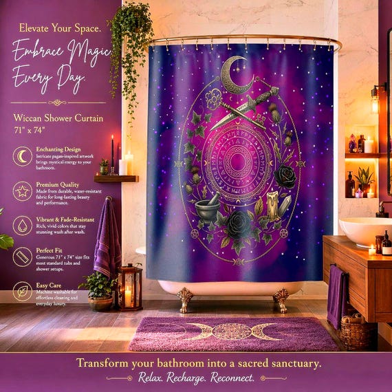 Goth Shower Curtain - Crescent Moon Dagger Design with Ivy and Roses