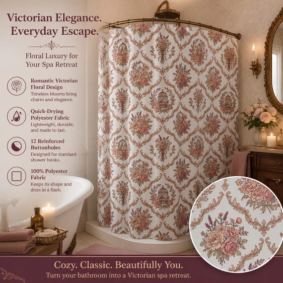 Shower Curtain, 100% Polyester Floral Damask with 12 Reinforced Buttonholes